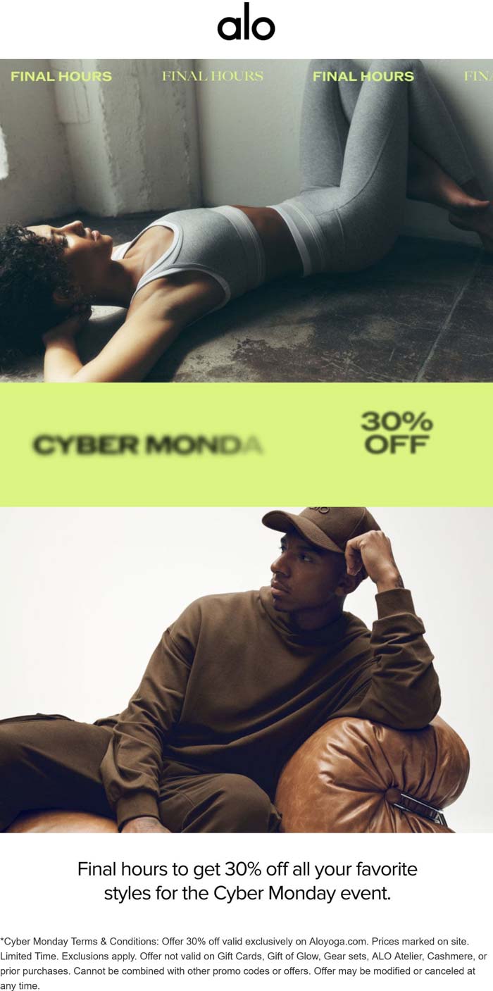 Alo stores Coupon  30% off today at Alo yoga #alo 