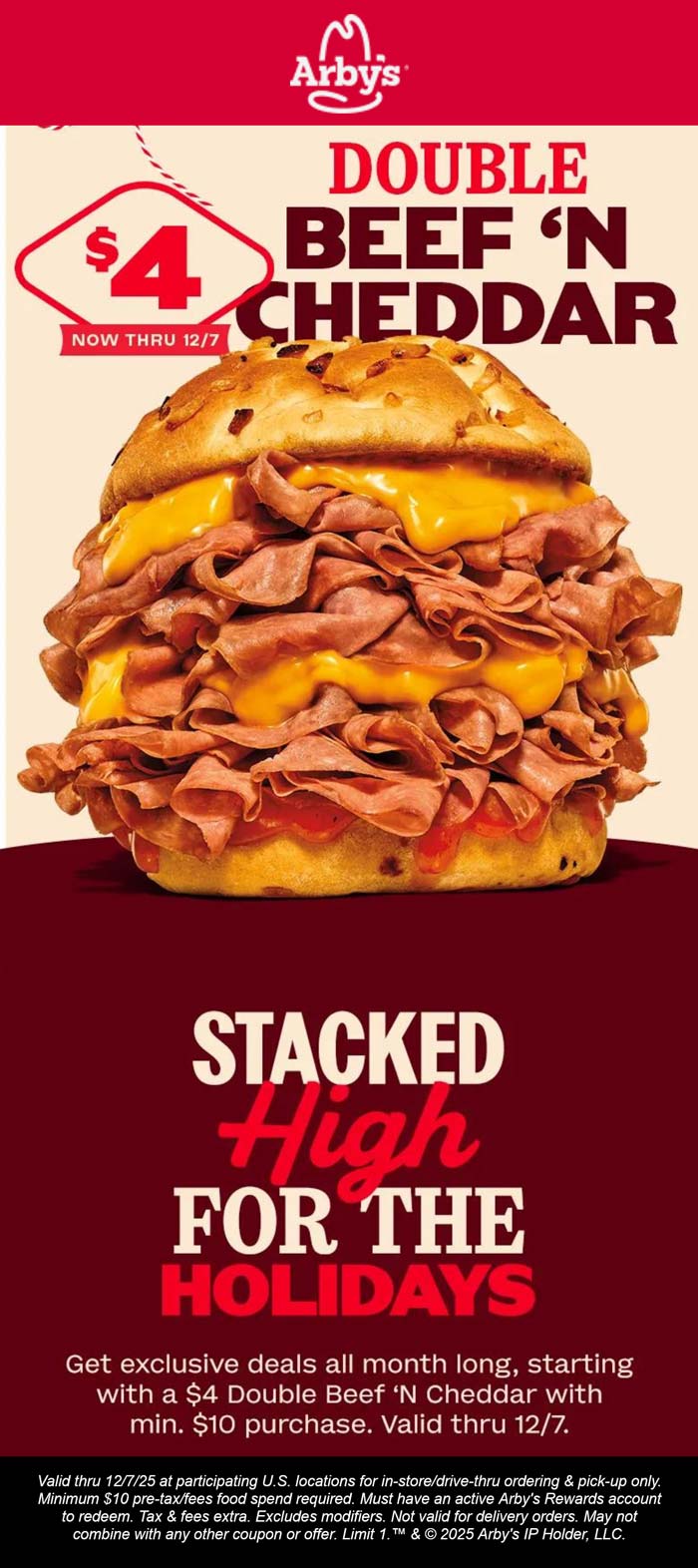 Arbys Double beef n cheddar sandwich = $4 via mobile at Arbys #arbys Arbys restaurants Coupon Double beef n cheddar sandwich = $4 via mobile at Arbys #arbys