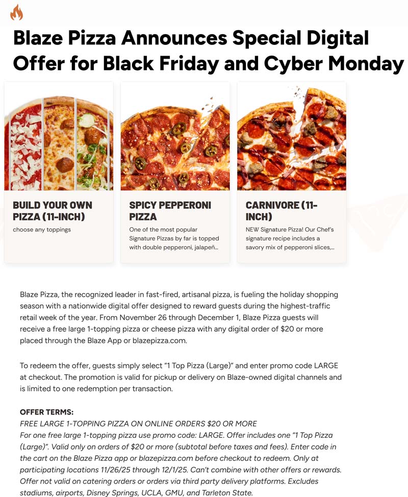 Blaze Free large 1-topping pizza on $20 today at Blaze #blaze Blaze restaurants Coupon Free large 1-topping pizza on $20 today at Blaze #blaze