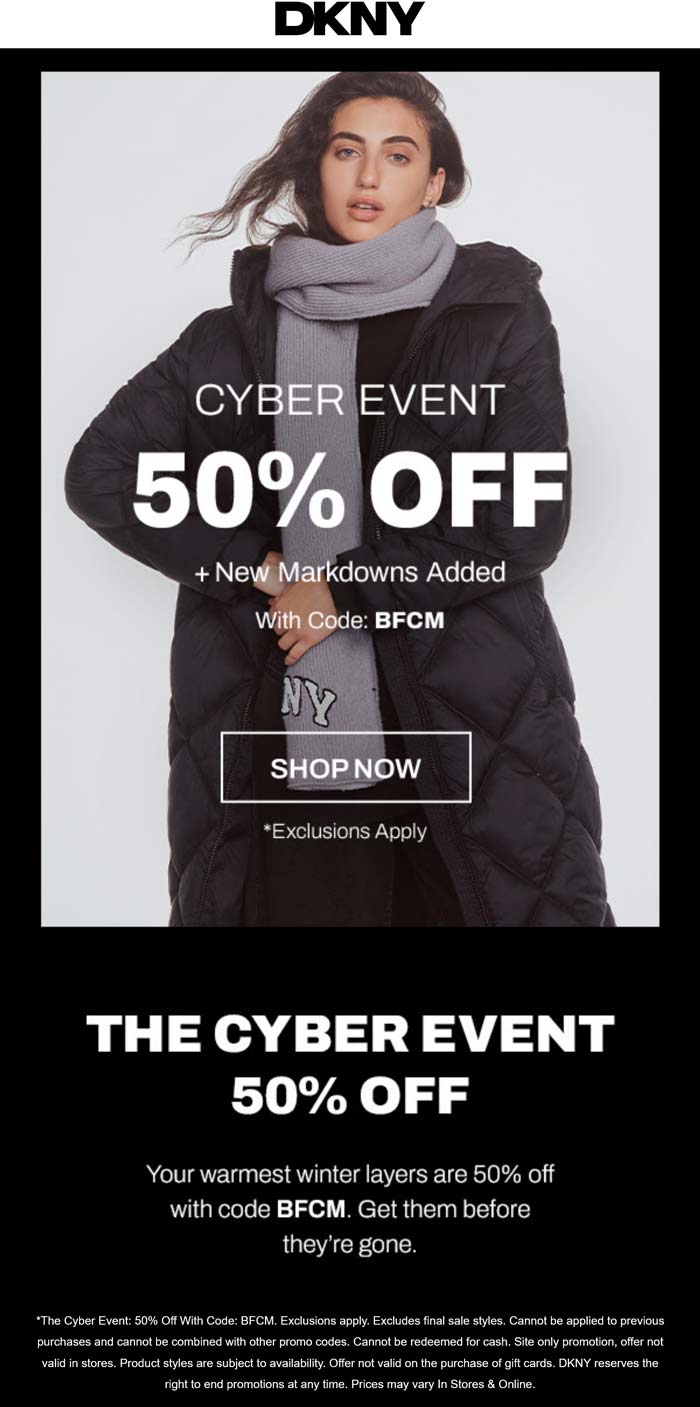 DKNY stores Coupon  50% off at DKNY via promo code BFCM #dkny 