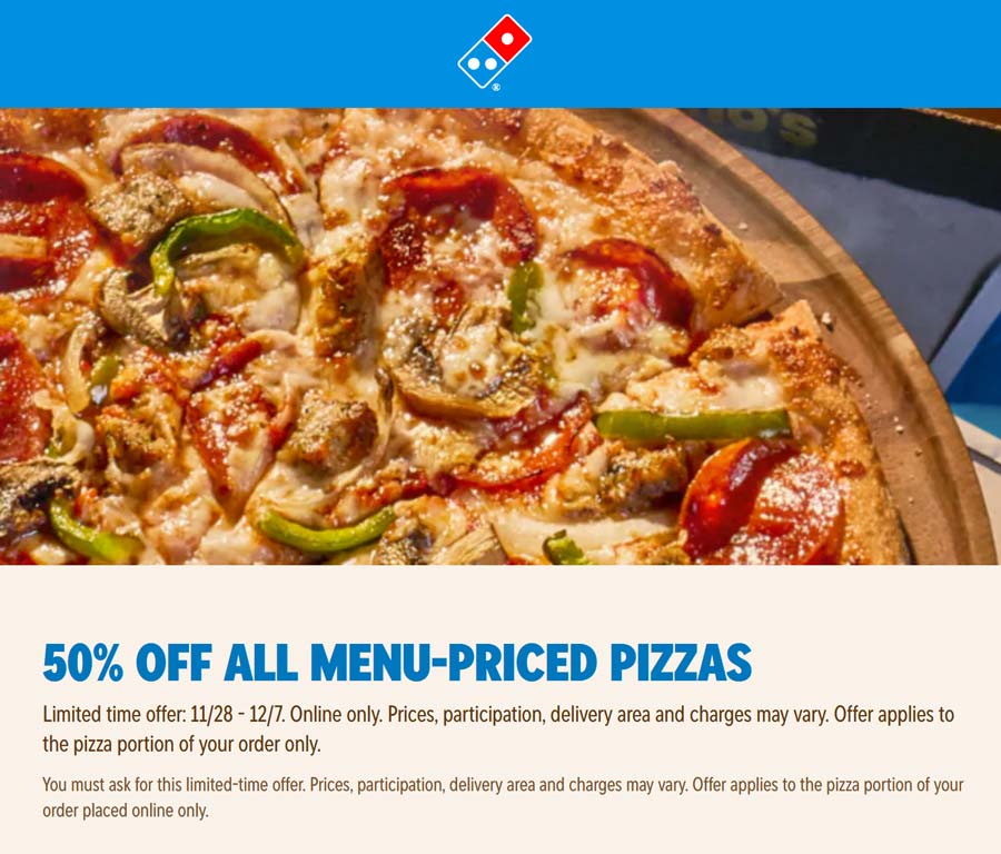 Dominos restaurants Coupon  50% off all pizzas at Dominos #dominos 