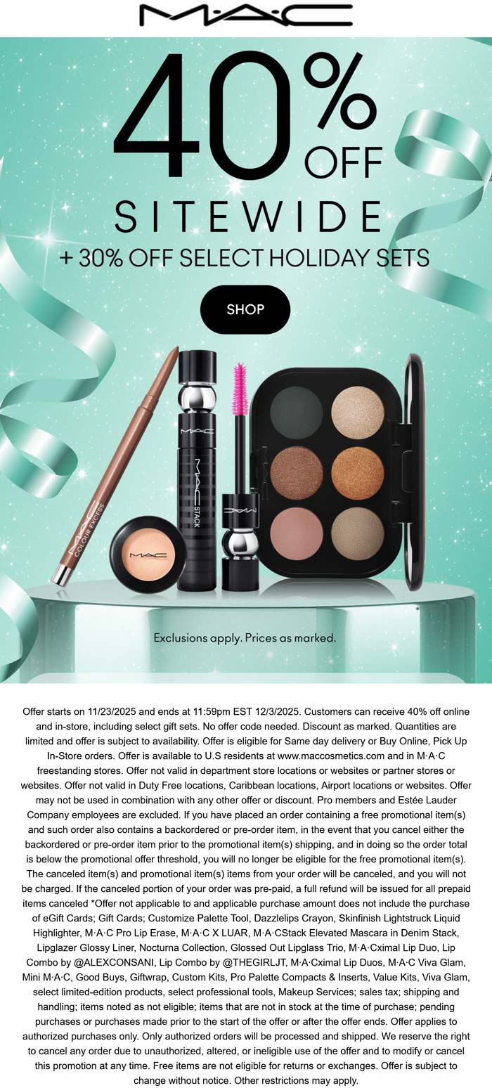 MAC 40% off everything online at MAC cosmetics #mac MAC stores Coupon 40% off everything online at MAC cosmetics #mac