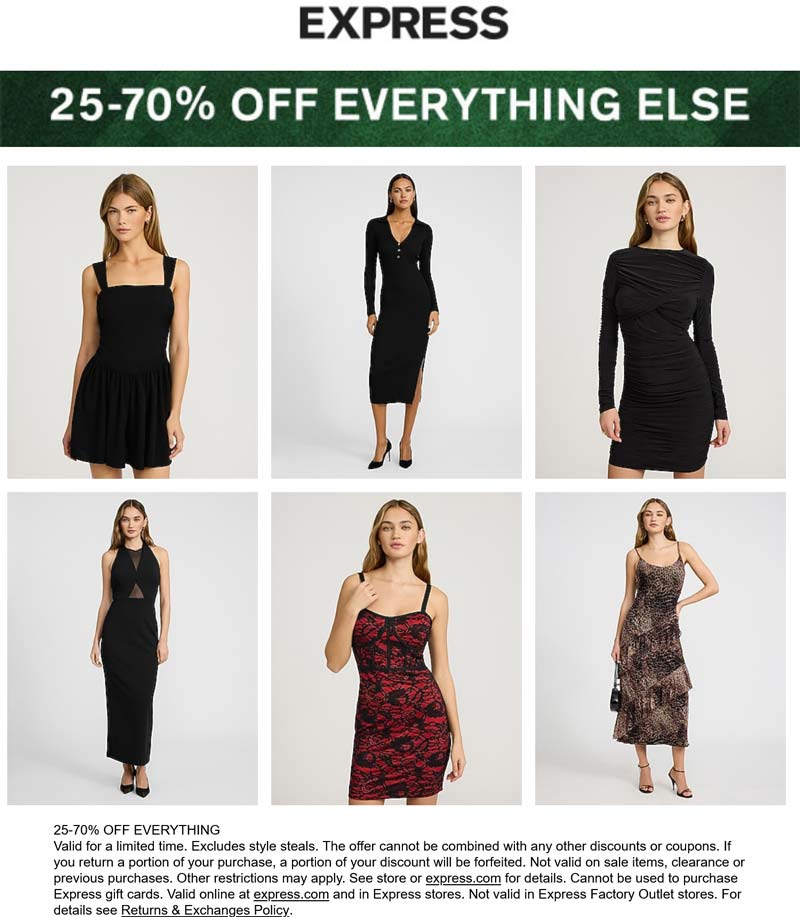 Express stores Coupon  25-70% off everything at Express, ditto online #express 