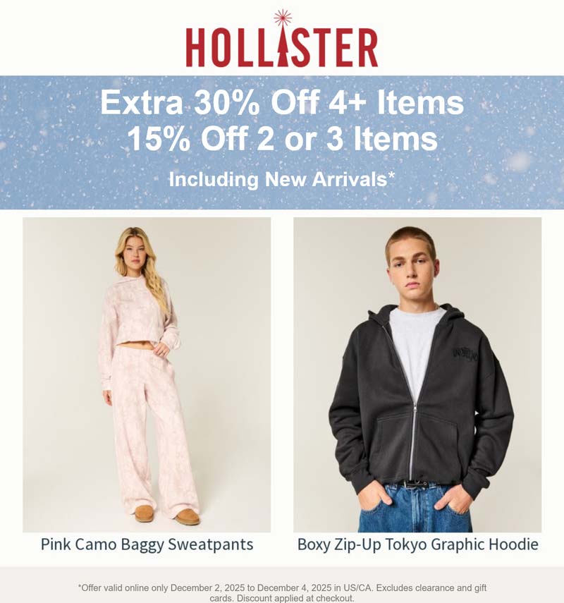 Hollister 15-30% off 2+ items online today at Hollister #hollister Hollister stores Coupon 15-30% off 2+ items online today at Hollister #hollister