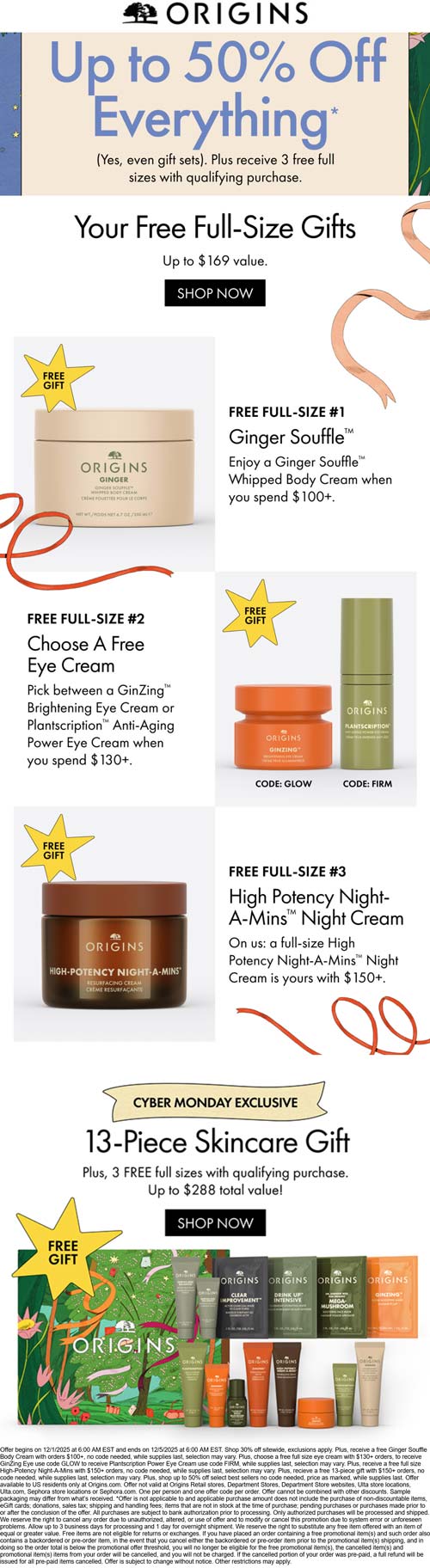 Origins stores Coupon  Various free full sizes on $100+ today at Origins via promo code GLOW #origins 