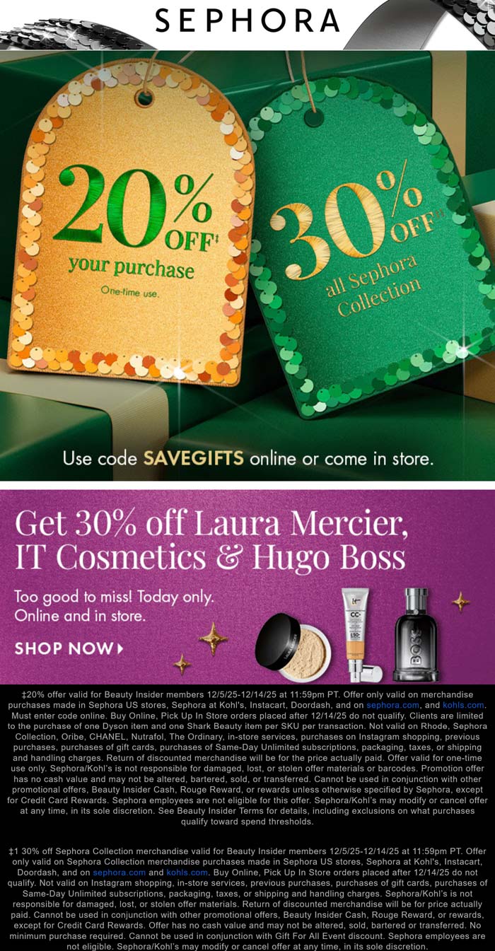 Sephora stores Coupon  20-30% off at Sephora, or online via promo code SAVEGIFTS #sephora 