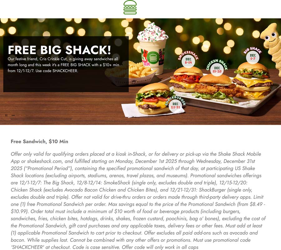 Shake Shack restaurants Coupon  Free big shack cheeseburger on $10 at Shake Shack via promo code SHACKCHEER #shakeshack 