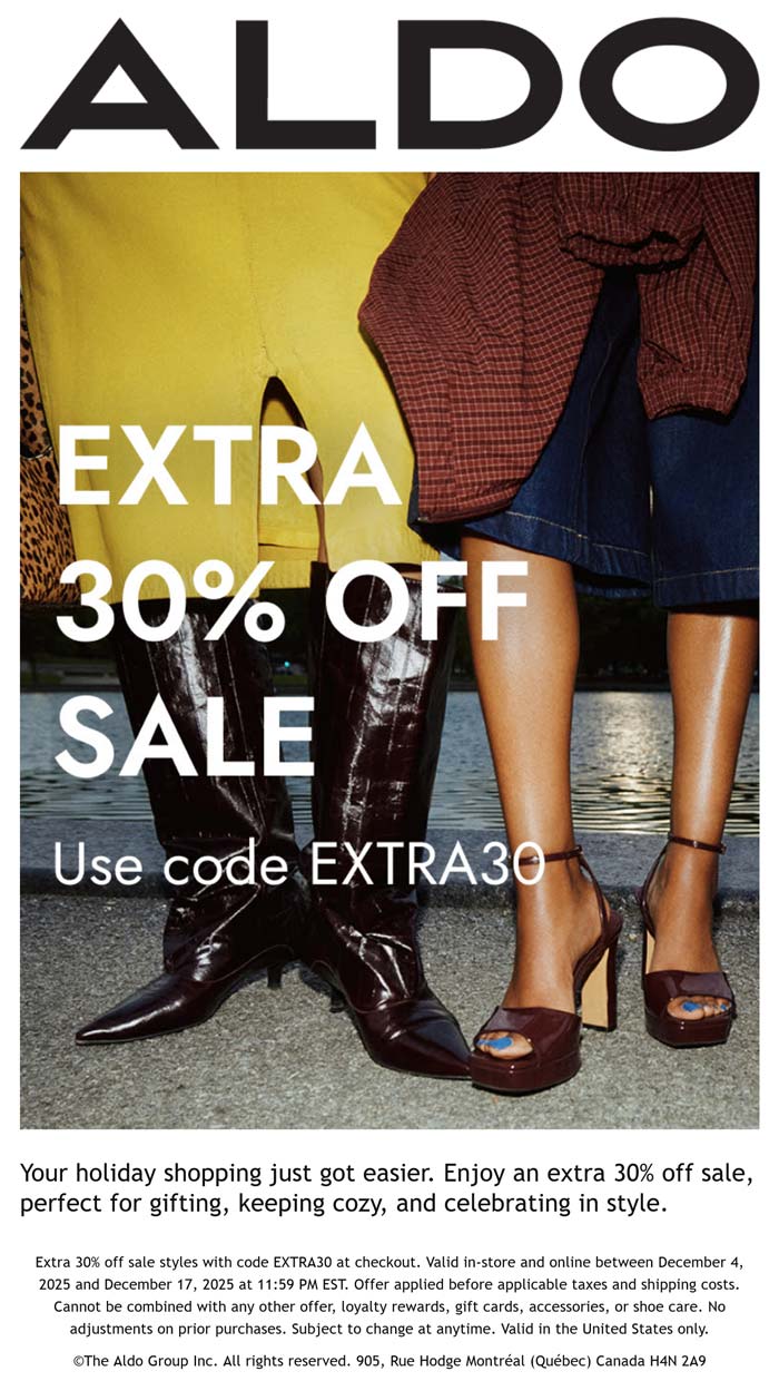 ALDO stores Coupon  Extra 30% off sale items at ALDO via promo code EXTRA30 #aldo 