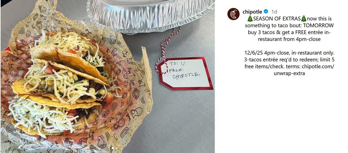 Chipotle restaurants Coupon  Free entree with your taco meal after 4p today at Chipotle #chipotle 