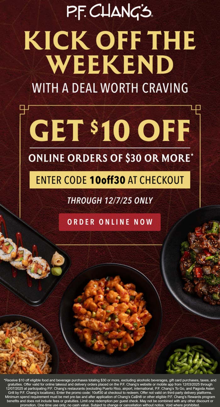 PF Changs stores Coupon  $10 off $30 at PF Changs restaurant via promo code 10off30 #pfchangs 