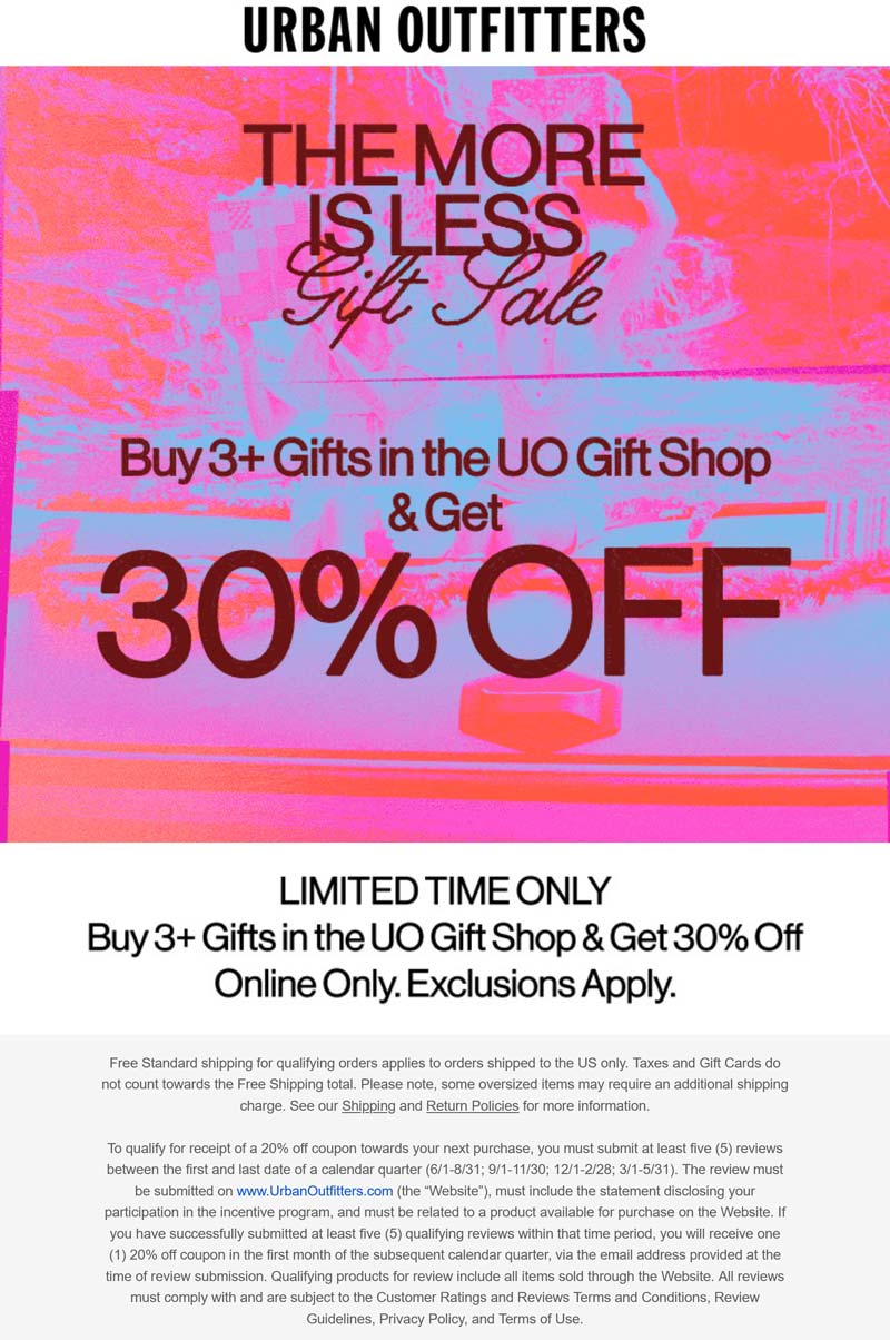 Urban Outfitters 30% off 3+ gifts at Urban Outfitters #urbanoutfitters Urban Outfitters stores Coupon 30% off 3+ gifts at Urban Outfitters #urbanoutfitters