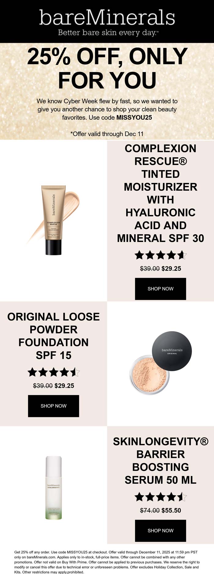 bareMinerals stores Coupon  25% off online at bareMinerals via promo code MISSYOU25 #bareminerals 