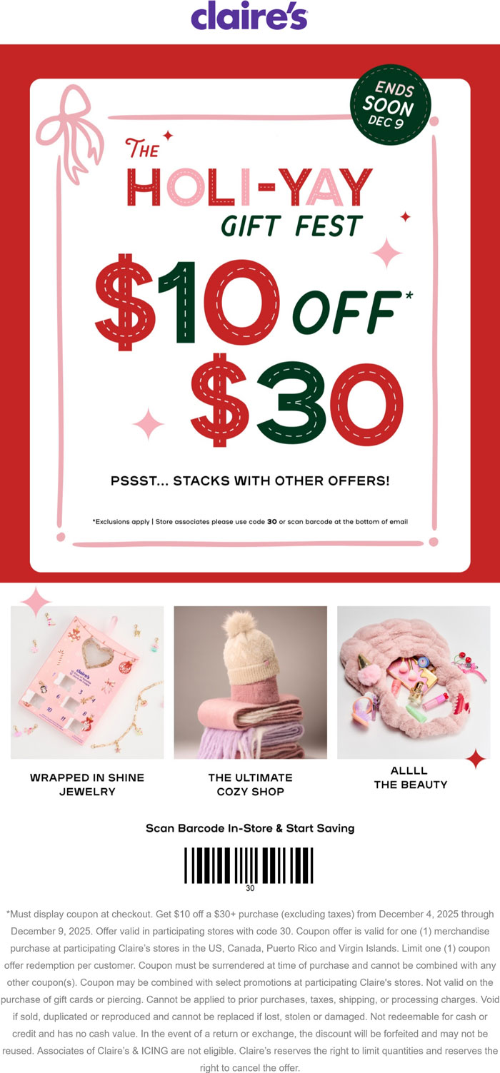 Claires $10 off $30 at Claires #claires Claires stores Coupon $10 off $30 at Claires #claires