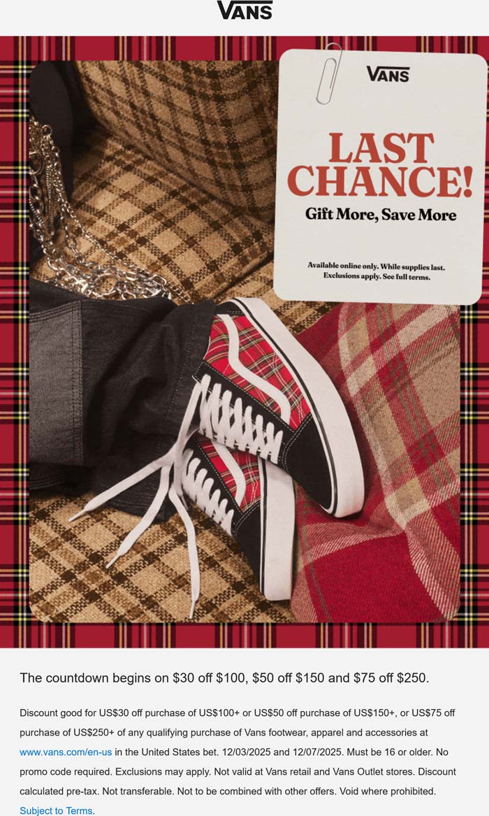 Vans stores Coupon  $30-$75 off $100+ today at Vans #vans 