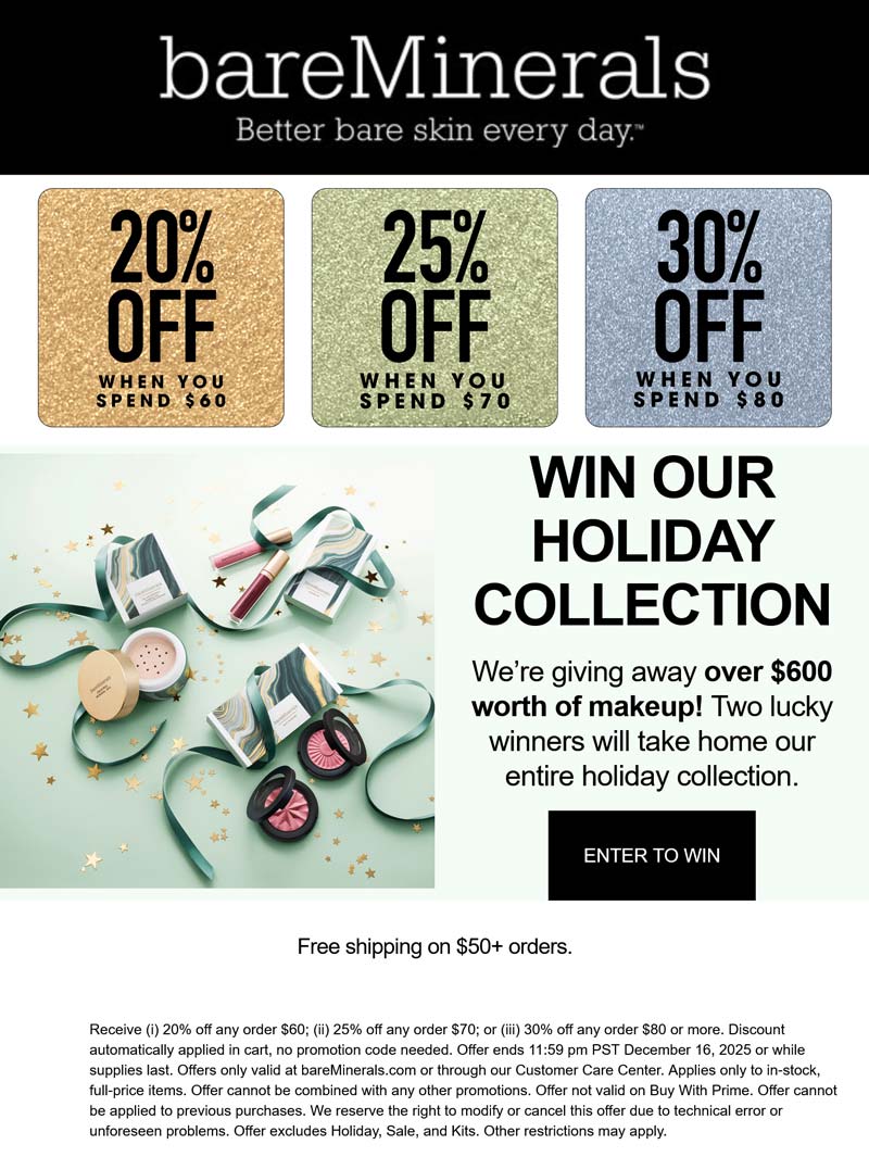 bareMinerals 20-30% off $60+ at bareMinerals #bareminerals bareMinerals stores Coupon 20-30% off $60+ at bareMinerals #bareminerals