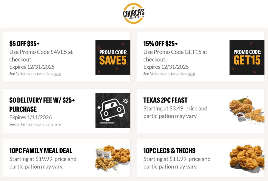 Churchs Chicken restaurants Coupon  $5 off $35 & more at Churchs Chicken via promo code SAVE5 #churchschicken 