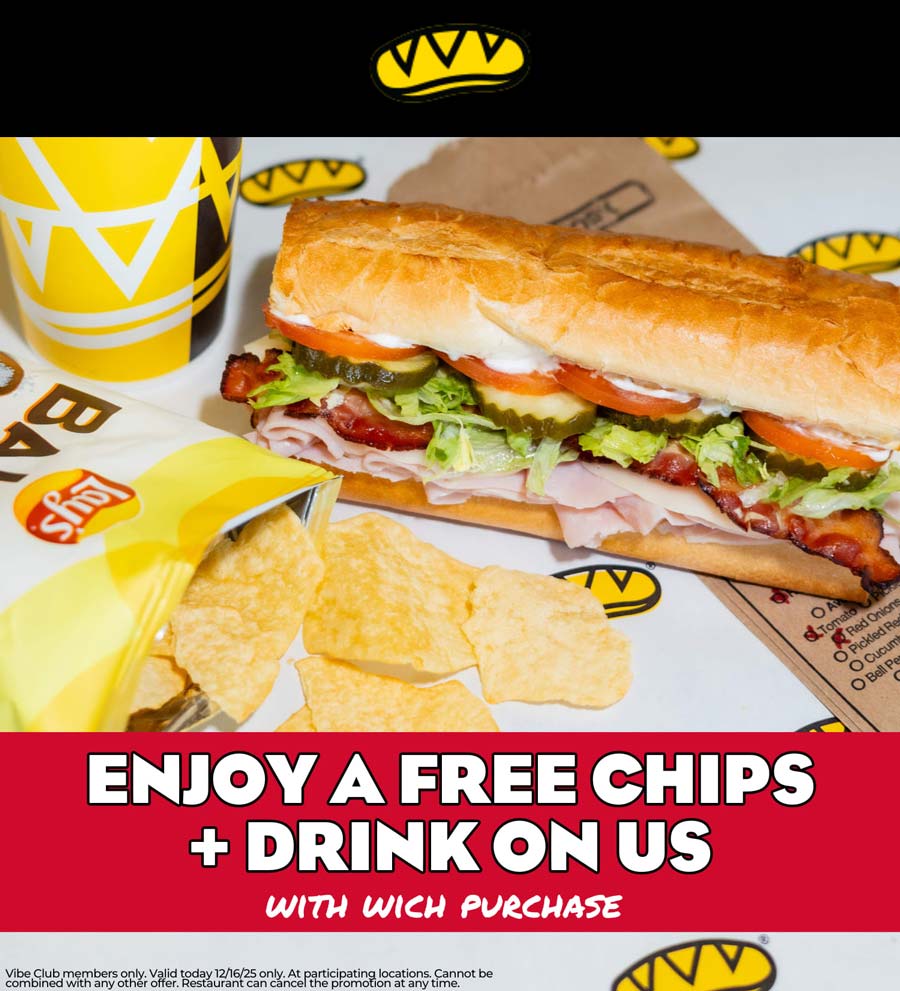 Which Wich restaurants Coupon  Free chips & drink with your sandwich today at Which Wich #whichwich 
