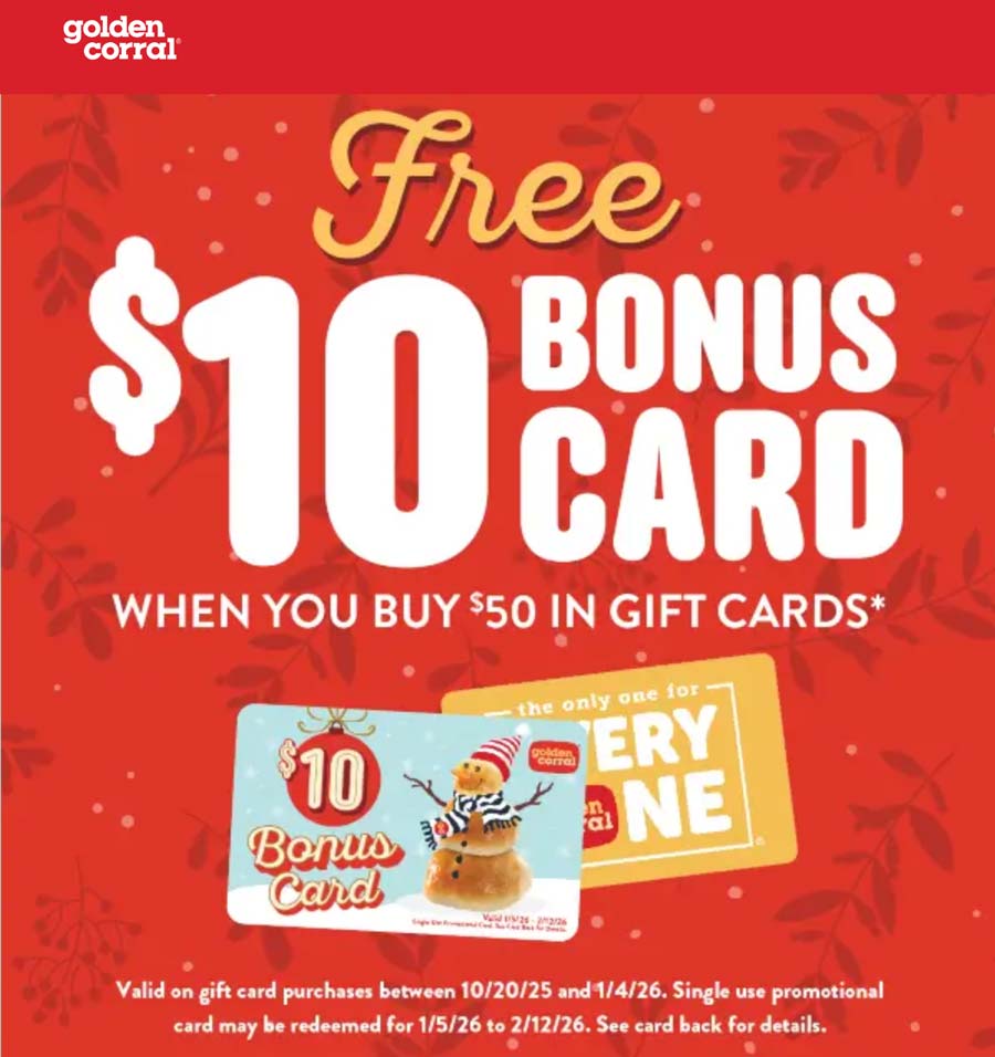 Golden Corral Free $10 card with your $50 at Golden Corral restaurants #goldencorral Golden Corral restaurants Coupon Free $10 card with your $50 at Golden Corral restaurants #goldencorral