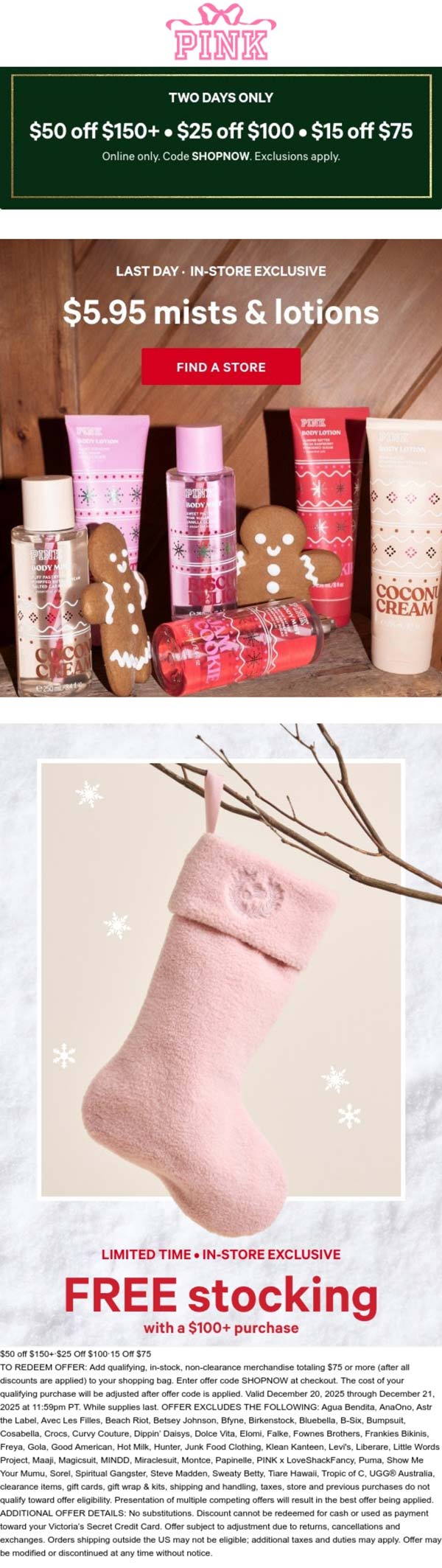 PINK $15-$50 off $75+ & more at PINK via promo code SHOPNOW #pink PINK stores Coupon $15-$50 off $75+ & more at PINK via promo code SHOPNOW #pink