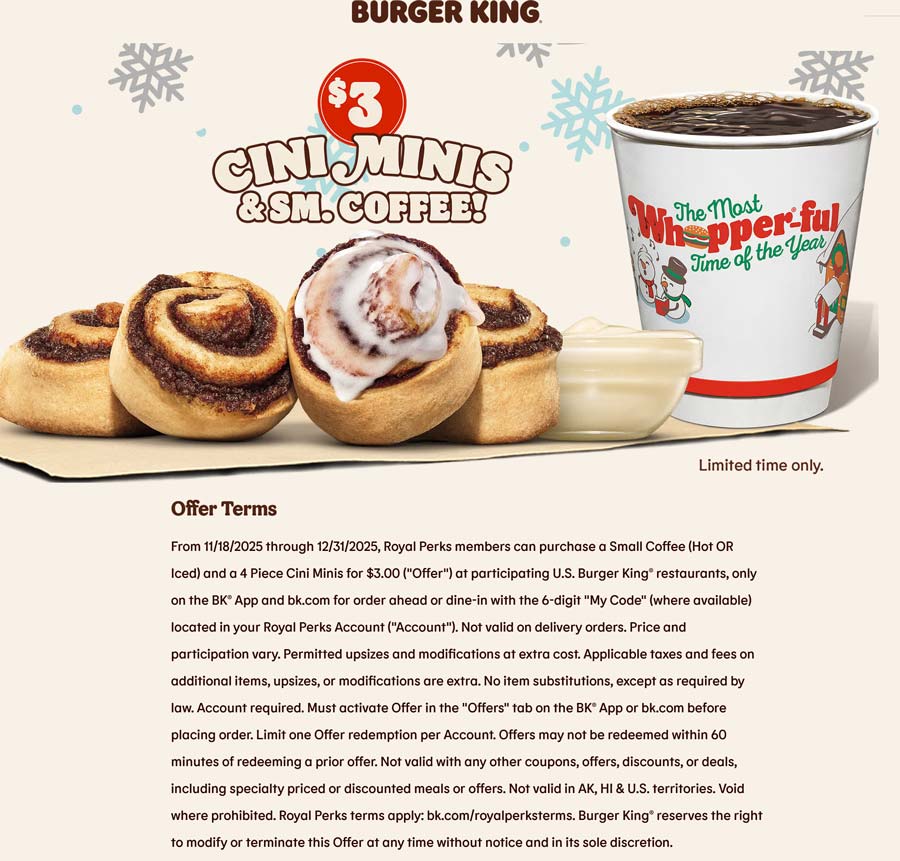 Burger King restaurants Coupon  Coffee + 4 pc cini minis = $3 at Burger King #burgerking 