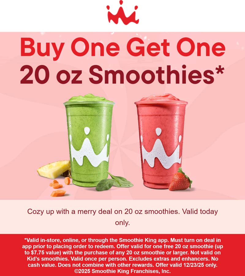 Smoothie King restaurants Coupon  Second smoothie free today at Smoothie King #smoothieking 