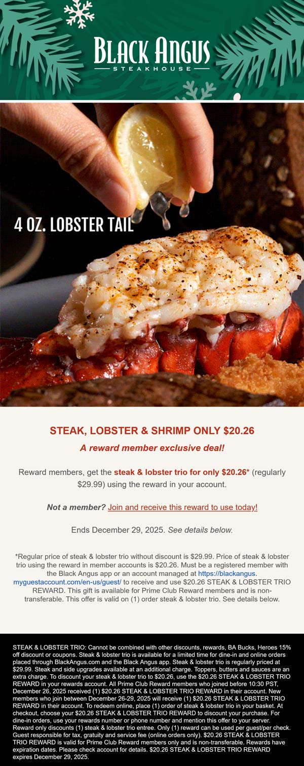 Black Angus restaurants Coupon  Steak + lobster + shrimp = $20 at Black Angus restaurants #blackangus 