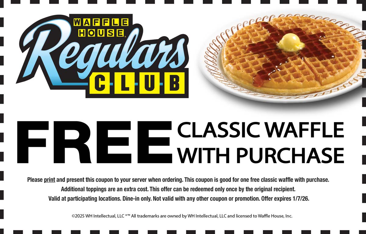 Waffle House restaurants Coupon  Free waffle with your order at Waffle House #wafflehouse 