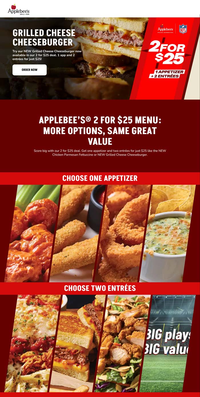 Applebees restaurants Coupon  Appetizer + 2 entrees = $25 at Applebees #applebees 