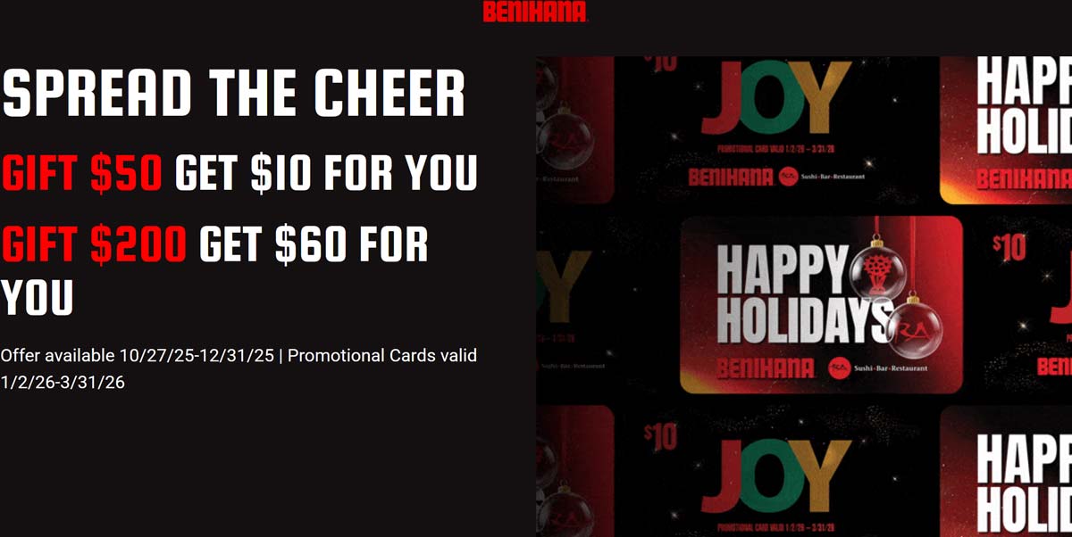 Benihana $10-$60 card with your $50+ card at Benihana restaurants #benihana Benihana restaurants Coupon $10-$60 card with your $50+ card at Benihana restaurants #benihana