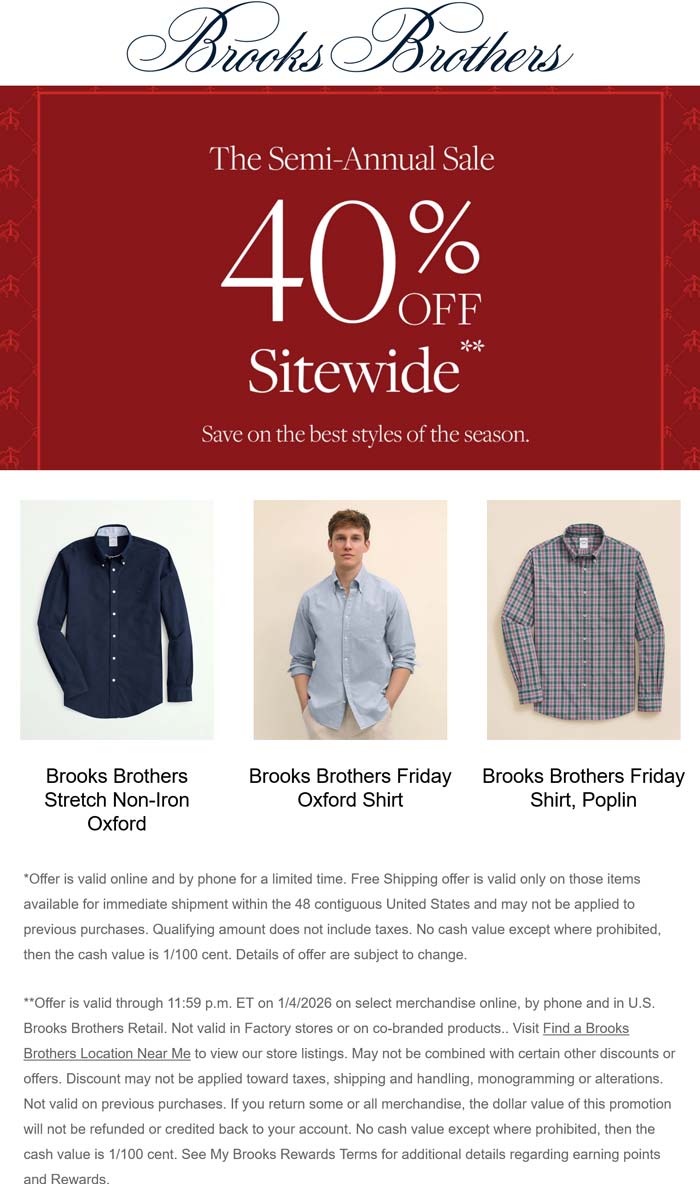 Brooks Brothers stores Coupon  40% off at Brooks Brothers, ditto online #brooksbrothers 