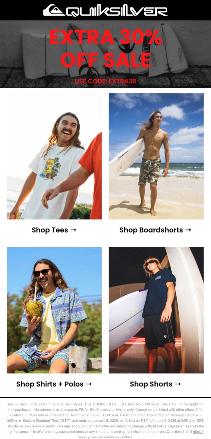 Quiksilver stores Coupon  Extra 30% off sale items at Quiksilver via promo code EXTRA30 #quiksilver 