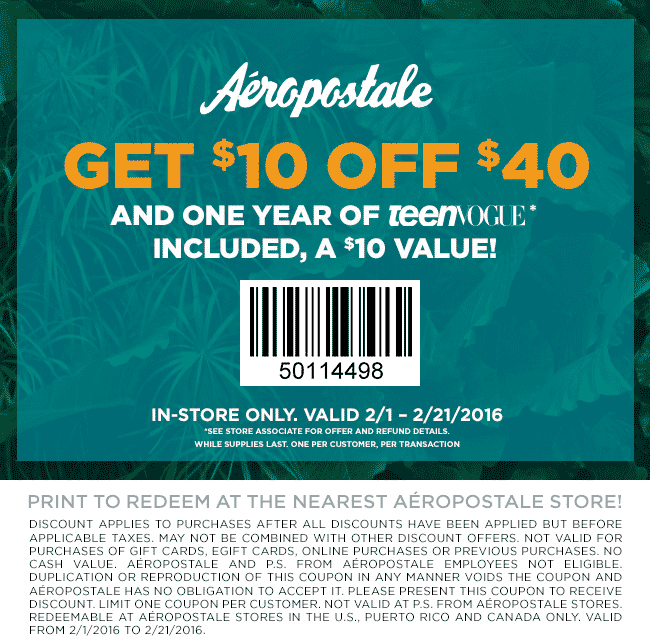 Aeropostale Coupon April 2024 $10 off $40 + 1yr TeenVogue magazine free at Aeropostale