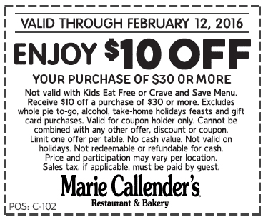 Marie Callenders Coupon April 2024 $10 off $30 at Marie Callenders restaurant & bakery