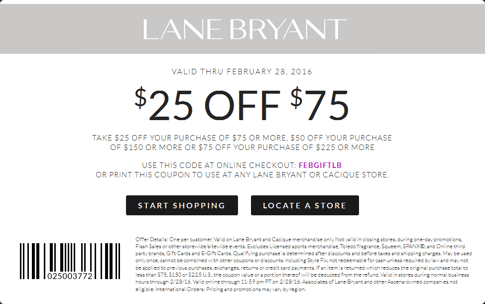 Lane Bryant Coupon April 2024 $25 off $75 at Lane Bryant, or online via promo code FEBGIFTLB