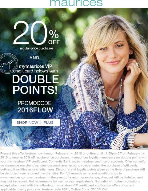 Maurices Coupon April 2024 20% off at Maurices, or online via promo code 2016FLOW