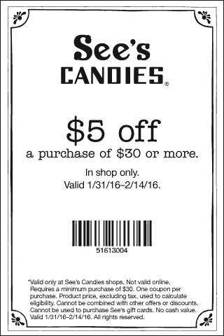 Sees Candies Coupon April 2024 $5 off $30 at Sees Candies
