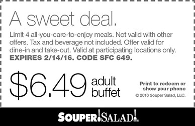 Souper Salad Coupon April 2024 Bottomless buffet for $6.49 at Souper Salad restaurants