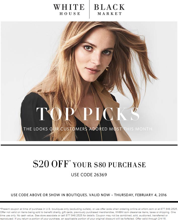 White House Black Market Coupon March 2024 $20 off $80 at White House Black Market, or online via promo code 26369