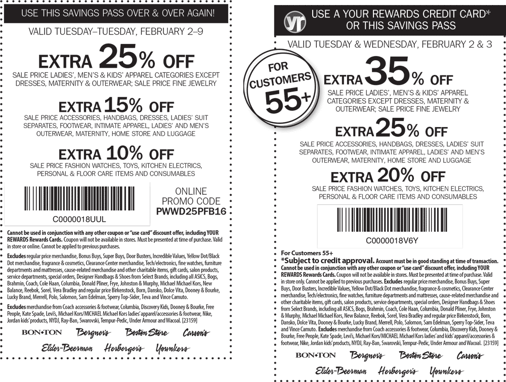 Carsons Coupon April 2024 Extra 25% off sale apparel at Carsons, Bon Ton & sister stores, or online via promo code PWWD25PFB16