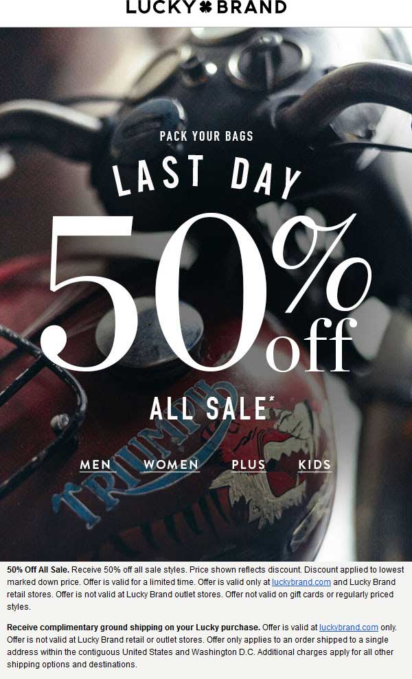 Lucky Brand Coupon April 2024 Extra 50% off sale items today at Lucky Brand, ditto online