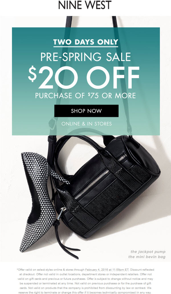 Nine West Coupon April 2024 $20 off $75 at Nine West, ditto online