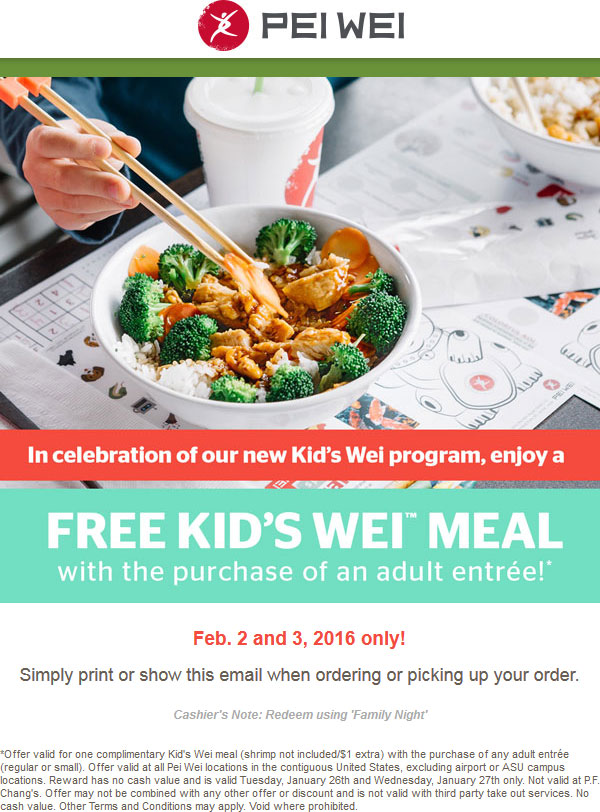 Pei Wei Coupon April 2024 Free kids meal with yours today at Pei Wei Asian diner