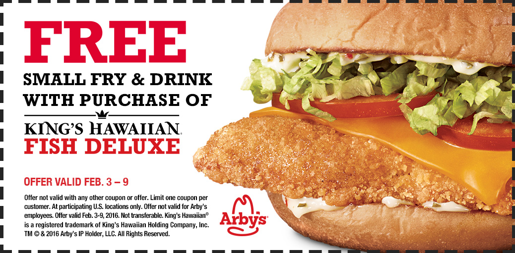 Arbys Coupon April 2024 Fries & drink free with your fish deluxe at Arbys