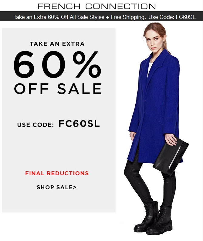 French Connection Coupon April 2024 Extra 60% off sale items online at French Connection via promo code FC60SL