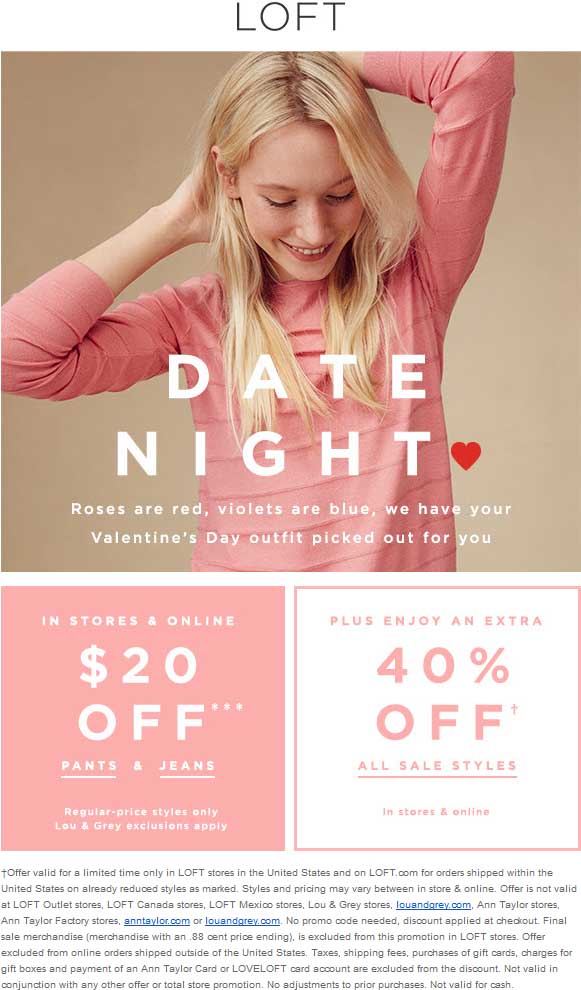 LOFT Coupon March 2024 Extra 40% off sale styles at LOFT, ditto online