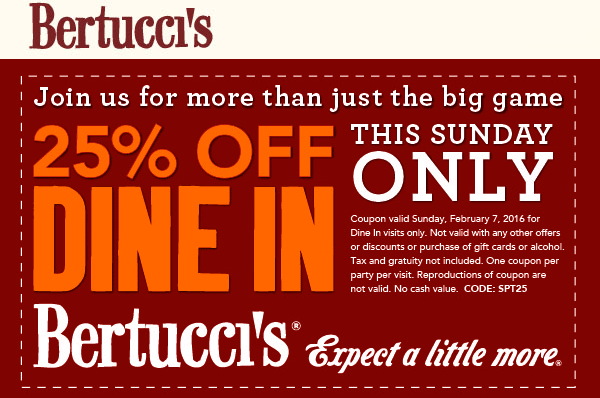 Bertuccis Coupon May 2024 25% off Sunday at Bertuccis restaurants