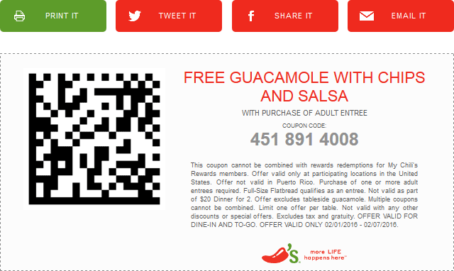 Chilis Coupon April 2024 Guacamole, chips & salsa free with your entree at Chilis