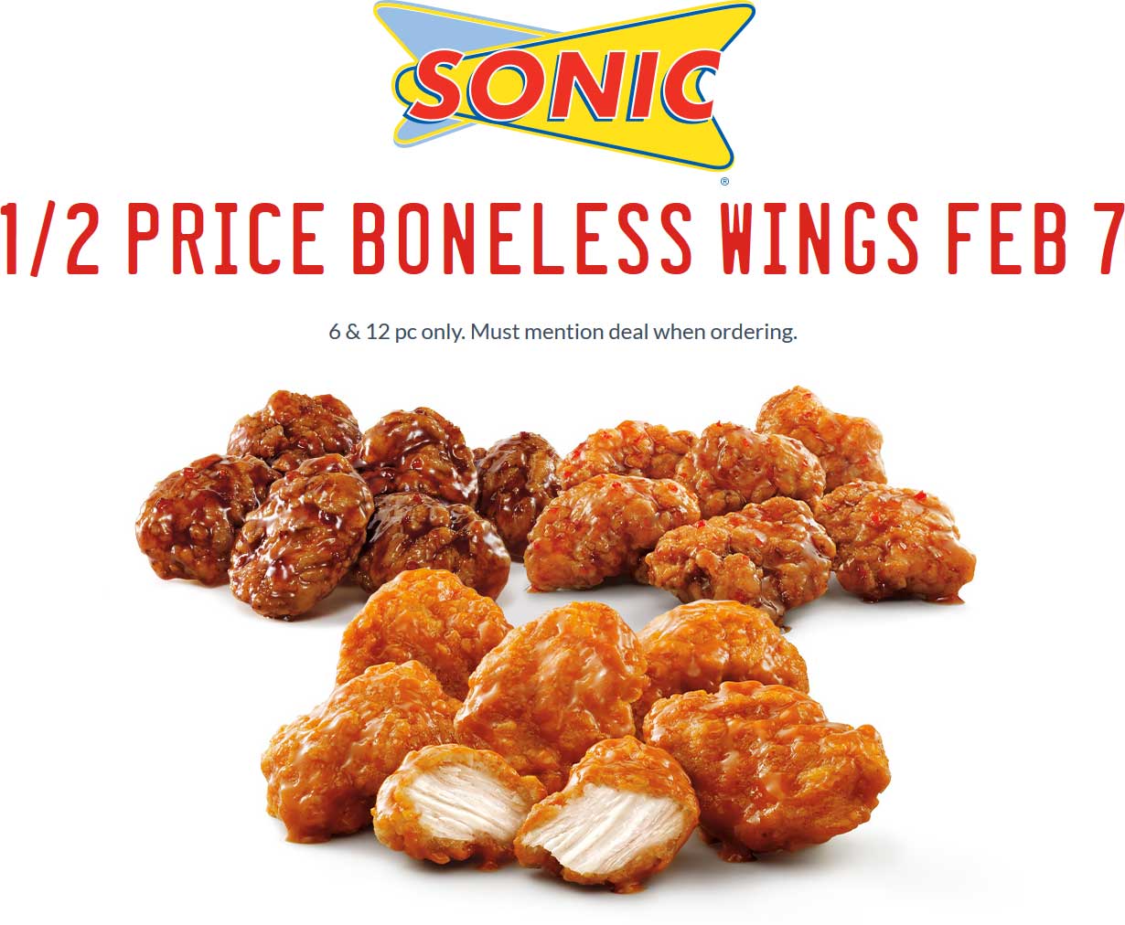 Sonic Drive-In Coupon April 2024 50% off boneless wings Sunday at Sonic Drive-In