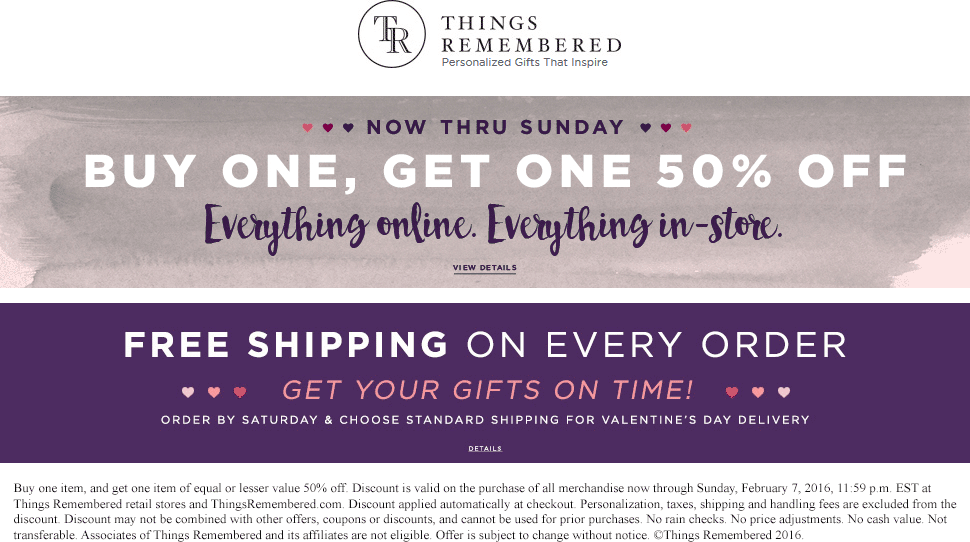 Things Remembered Coupon April 2024 Second item 50% off on everything at Things Remembered, ditto online