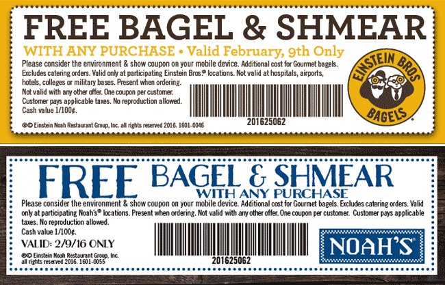 Einstein Bros Bagels Coupon April 2024 Free bagel & shmear Tuesday at Noahs Bagels & Einstein Bros Bagels